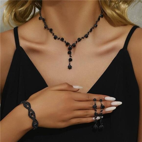 3 Piece Rhinestone Jewelry Set Black Necklace Bracelet and Earrings Wedding - Picture 2 of 6